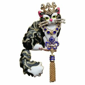 Ritzy Couture Princess Kitty Black Tuxedo Cat Pin/Pendant (Goldtone)